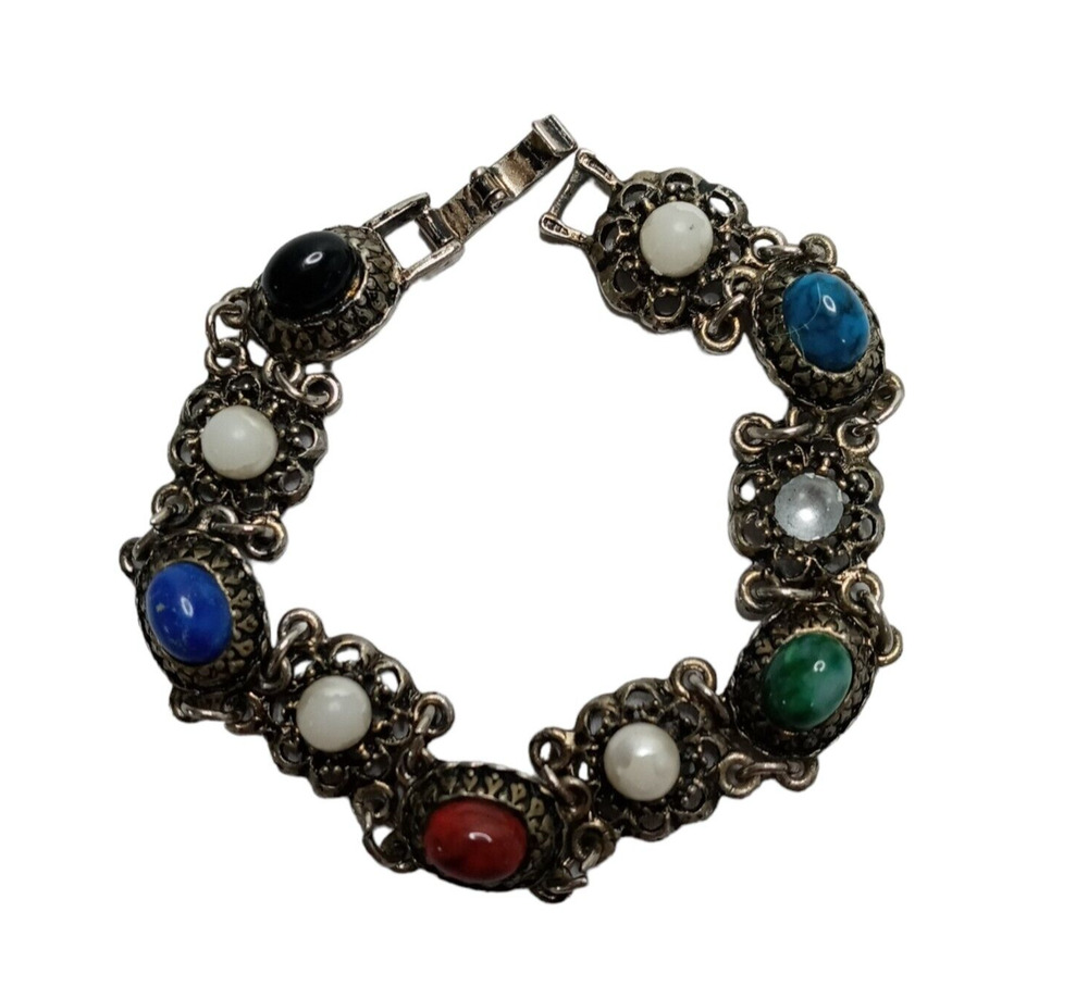 ✨ Vintage Agate Link Bracelet 💎 Gold Tone Faux Pearl 7" Retro Style